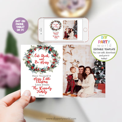 DIY Editable Holly Wreath Photo Christmas Card C1019 - DIY Party World