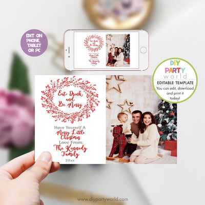 DIY Editable Red Berry Wreath Photo Christmas Card C1019 - DIY Party World