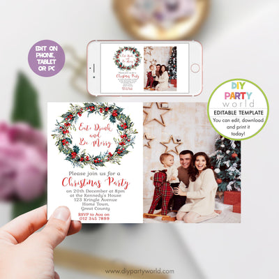 DIY Editable Holly Wreath Photo Christmas Invitation C1019 - DIY Party World