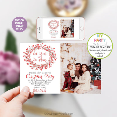DIY Editable Red Berry Wreath Photo Christmas Invitation C1019 - DIY Party World