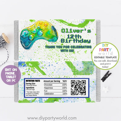 DIY Editable Gamer Party Chocolate Bar Wrapper B1010 - DIY Party World