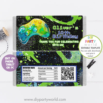 DIY Editable Gaming Party Chocolate Bar Wrapper B1010 - DIY Party World