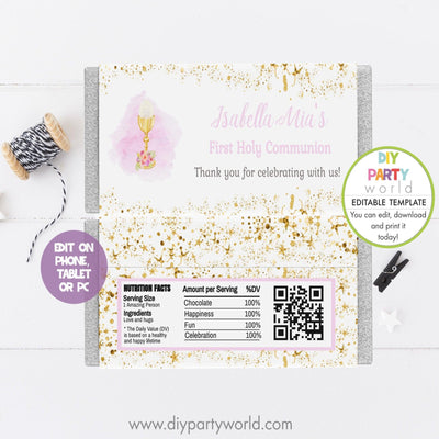DIY Editable Pink First Holy Communion Chocolate Bar Wrapper R1002 - DIY Party World