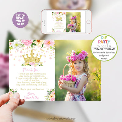 DIY Editable Princess Crown Photo Thank You Card 1015 - DIY Party World