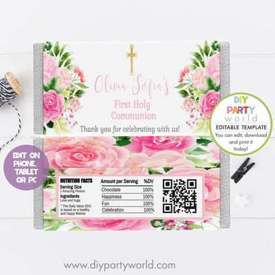 DIY Editable Pink Floral Chocolate Bar Wrapper Gold Cross R1005 - DIY Party World