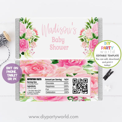 DIY Editable Pink Floral Party Chocolate Bar Wrapper 1013 - DIY Party World