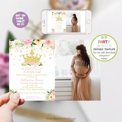 DIY Editable Princess Crown Baby Shower Photo Invitation 1015 - DIY Party World