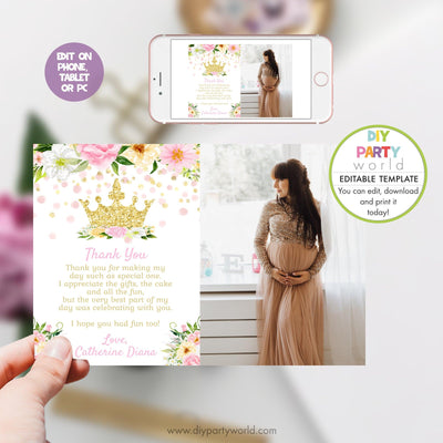 DIY Editable Princess Crown Baby Shower Photo Thank You Card 1015 - DIY Party World