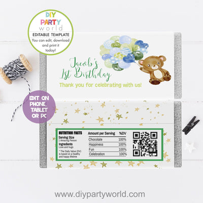 DIY Editable Woodland Animals Party Chocolate Bar Wrapper Blue B1011 - DIY Party World