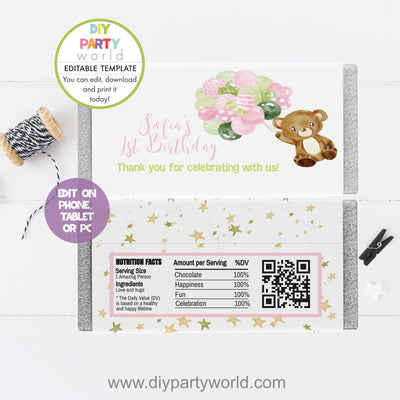DIY Editable Woodland Animals Party Chocolate Bar Wrapper Pink B1011 - DIY Party World