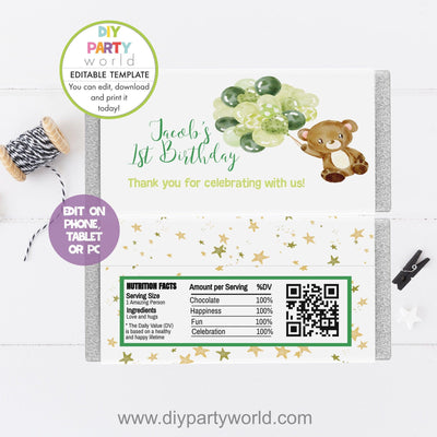 DIY Editable Woodland Animals Party Chocolate Bar Wrapper Green B1011 - DIY Party World