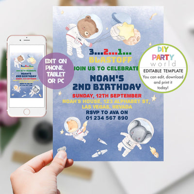 DIY Editable Animal Astronaut Space Birthday Party Invitation B1003 - DIY Party World
