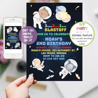 DIY Editable Animal Space Birthday Party Invitation B1003 - DIY Party World