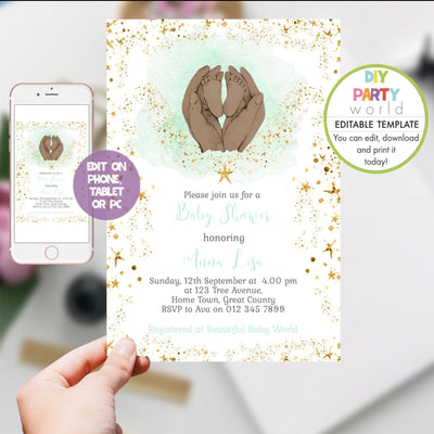 DIY Editable Baby Shower Invitation Baby Feet Green 1012 - DIY Party World