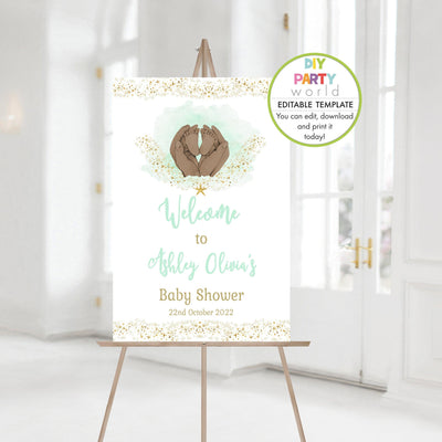 DIY Editable Baby Shower Welcome Sign Baby Feet Green 1012 - DIY Party World