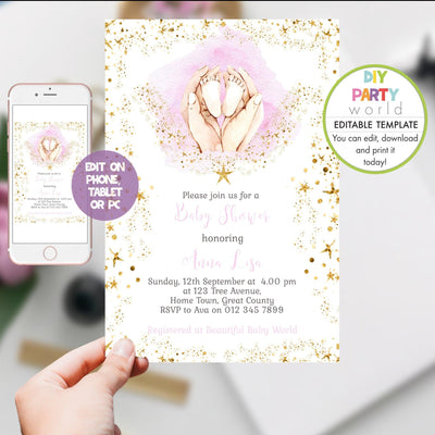 DIY Editable Baby Shower Invitation Baby Feet Pink and Gold 1012 - DIY Party World