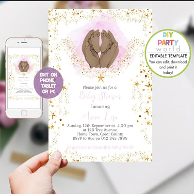 DIY Editable Baby Shower Invitation Baby Feet Pink 1012 - DIY Party World