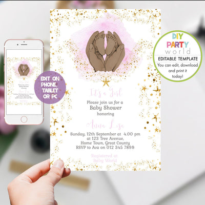 DIY Editable Baby Feet Baby Shower Invitation Pink 1012 - DIY Party World