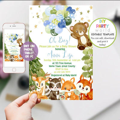 DIY Editable Woodland Animals Baby Shower Invitation Blue 1015 - DIY Party World
