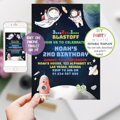 DIY Editable Boys Astronaut Space Birthday Invitation B1002 - DIY Party World
