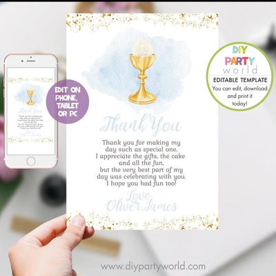 DIY Editable Blue First Holy Communion Thank You Card R1002 - DIY Party World