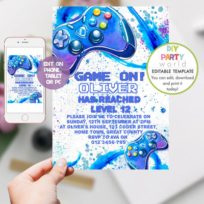 DIY Editable Gamer Birthday Party Invitation Blue B1010 - DIY Party World