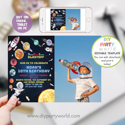 DIY Editable Planets Space Birthday Party Photo Invitation B1002 - DIY Party World