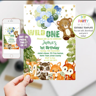 DIY Editable Woodland Animals 1st Birthday Invitation Blue B1011 - DIY Party World