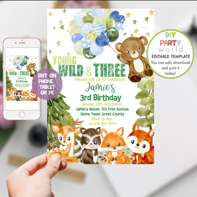 DIY Editable Woodland Animals 3rd Birthday Invitation Blue B1011 - DIY Party World