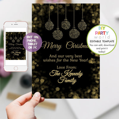 DIY Editable Black and Gold Baubles Christmas Card Template C1016 - DIY Party World