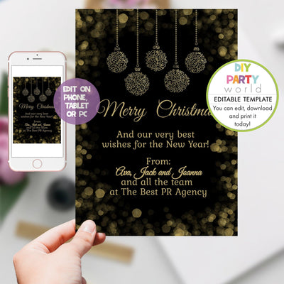 DIY Editable Black and Gold Baubles Christmas Card C1016 - DIY Party World