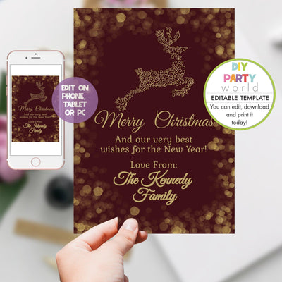 DIY Editable Burgundy and Gold Reindeer Christmas Card Template C1016 - DIY Party World