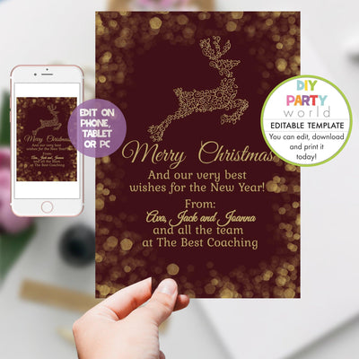 DIY Editable Burgundy and Gold Reindeer Christmas Card C1016 - DIY Party World