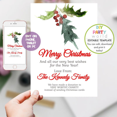 DIY Editable Holly Christmas Card Template C1019 - DIY Party World
