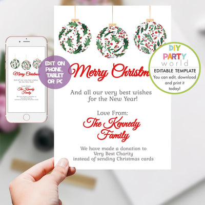 DIY Editable Holly Baubles Christmas Card Template C1019 - DIY Party World