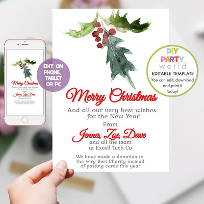 DIY Editable Holly Christmas Card C1019 - DIY Party World