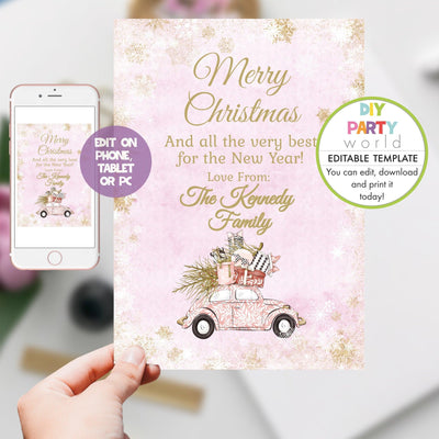 DIY Editable Pink Driving Home For Christmas Card Template C1009 - DIY Party World