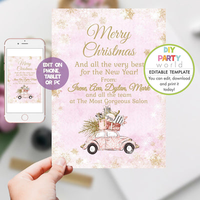 DIY Editable Pink Driving Home For Christmas Card C1009 - DIY Party World