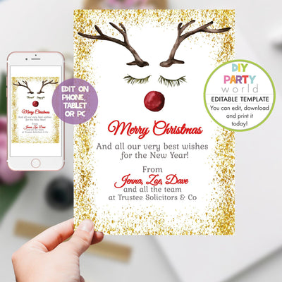 DIY Editable Red Nosed Reindeer Christmas Card C1017 - DIY Party World