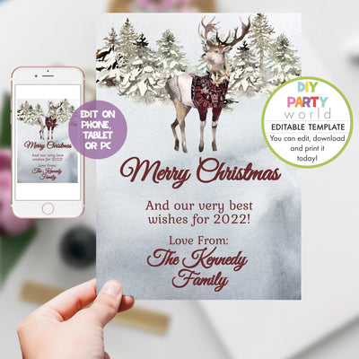 DIY Editable Rustic Reindeer Christmas Card Template C1018 - DIY Party World