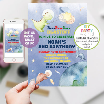 DIY Editable Dinosaur Space Astronaut Birthday Invitation B1004 - DIY Party World