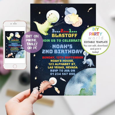 DIY Editable Dinosaur Space Birthday Party Invitation B1004 - DIY Party World