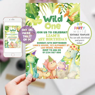 DIY Editable Dinosaur Wild One 1st Birthday Party Invitation B1001 - DIY Party World