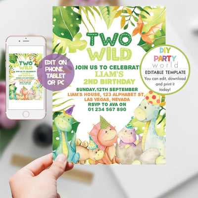 DIY Editable Dinosaur Two Wild 2nd Birthday Party Invitation B1001 - DIY Party World
