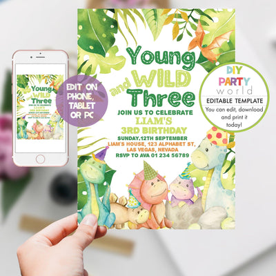 DIY Editable Dinosaur Young Wild and Three 3rd Birthday Party Invitation B1001 - DIY Party World