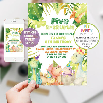 DIY Editable Dinosaur Five a Saurus 5th Birthday Party Invitation B1001 - DIY Party World