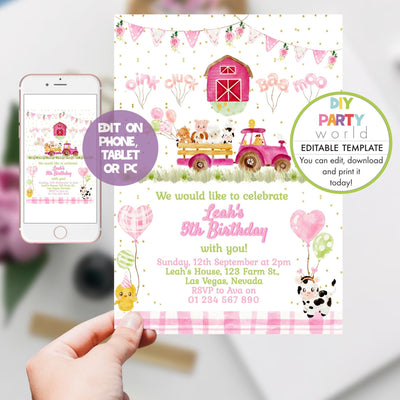 DIY Editable Pink Farm Animals Birthday Invitation B1008 - DIY Party World