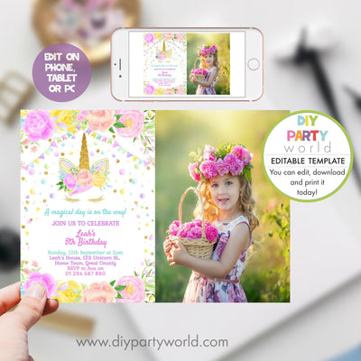 DIY Editable Unicorn Birthday Photo Invitation B1006 - DIY Party World