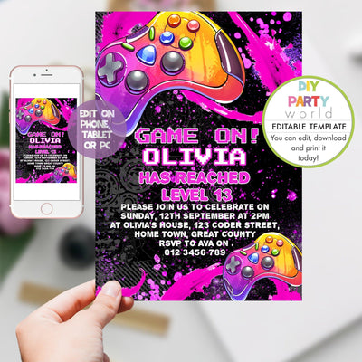 DIY Editable Gaming Birthday Party Invitation Pink B1010 - DIY Party World