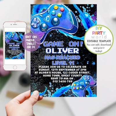 DIY Editable Gaming Birthday Party Invitation Blue B1010 - DIY Party World
